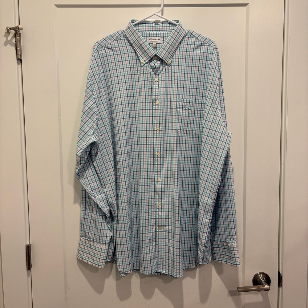 Peter Millar Summer Comfort Plaid Button Down Shirt Men XXL Teal Blue Pink Check